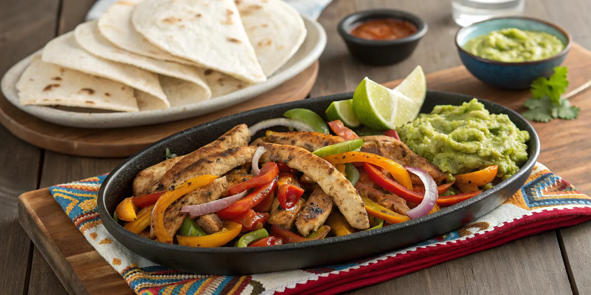 What is a good marinade for chicken fajitas? A sizzling plate of freshly cooked chicken fajitas with vibrant bell peppers and onions, packed with bold flavors
