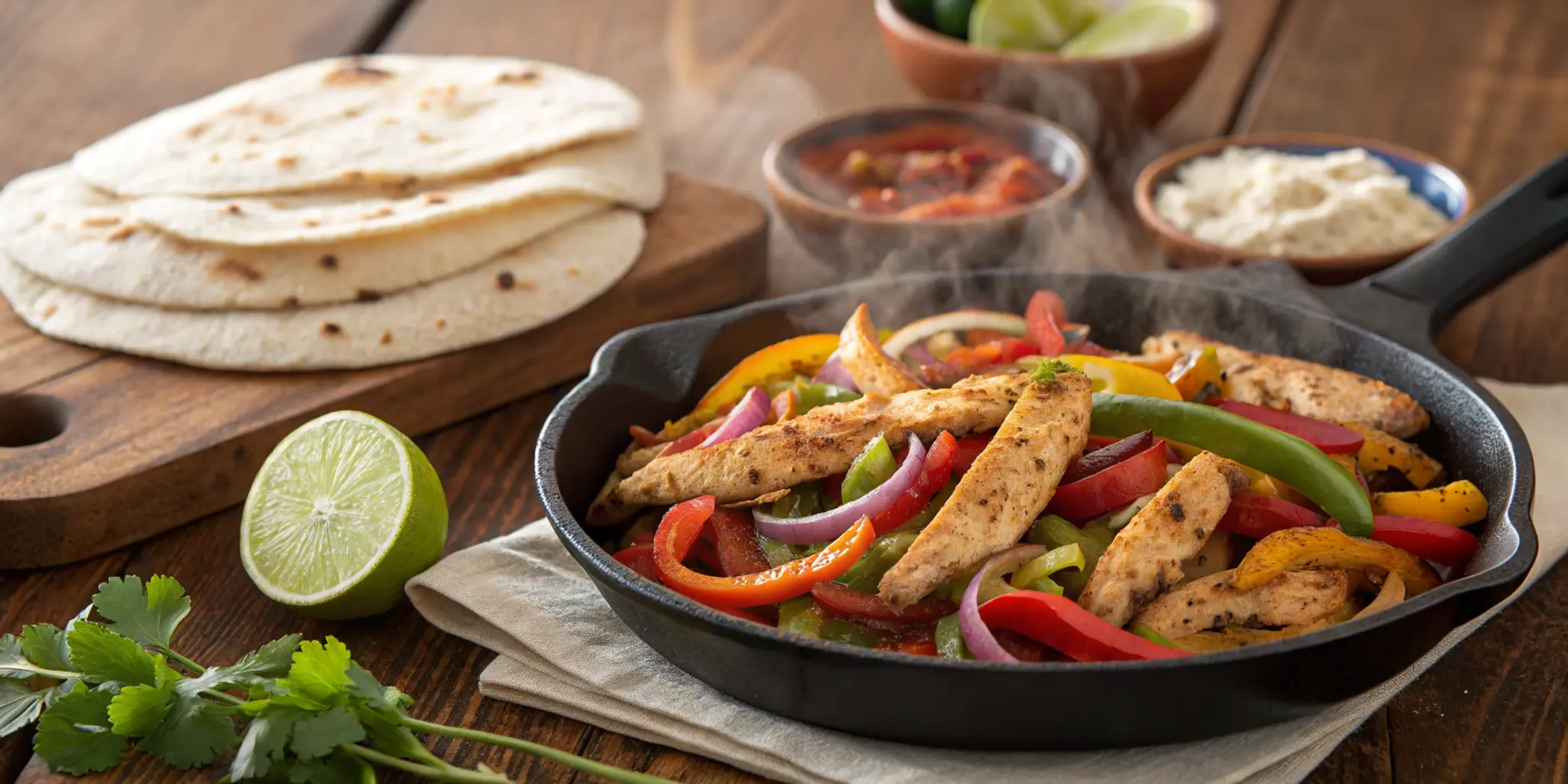 What is chicken fajita seasoning made of? A vibrant and appetizing scene showcasing perfectly seasoned chicken fajitas with colorful bell peppers and a rich blend of spices