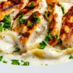 Close-up of Asiago tortelloni Alfredo with grilled chicken, showing creamy sauce and melted cheese