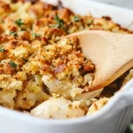 Close-up of golden rotisserie chicken and stuffing casserole with a wooden spoon.
