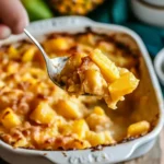 Serving of pineapple casserole in a white bowl