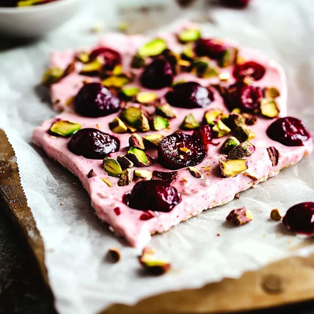 Cherry Pistachio Chocolate Yogurt Protein Bark: A High-Protein Summer Delight Cherry Pistachio Chocolate Yogurt Protein Bark Side view of cherry pistachio chocolate yogurt protein bark on parchment paper
