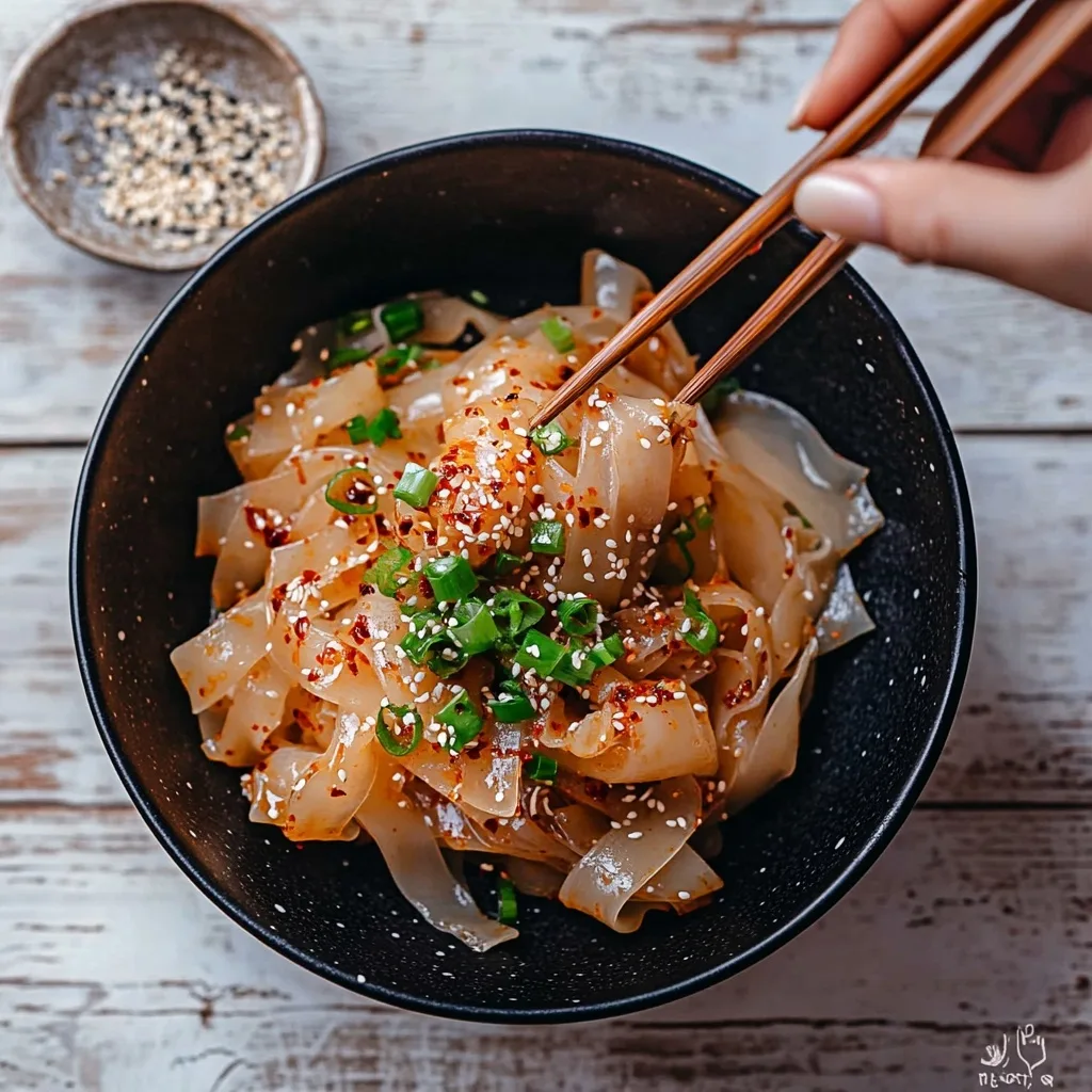 Rice Noodle Paper – The Ultimate Guide to Quick, Chewy & Gluten-Free Creations Rice Noodle Paper Chewy rice noodle paper tossed with chili oil, scallions, and sesame seeds in a black bowl