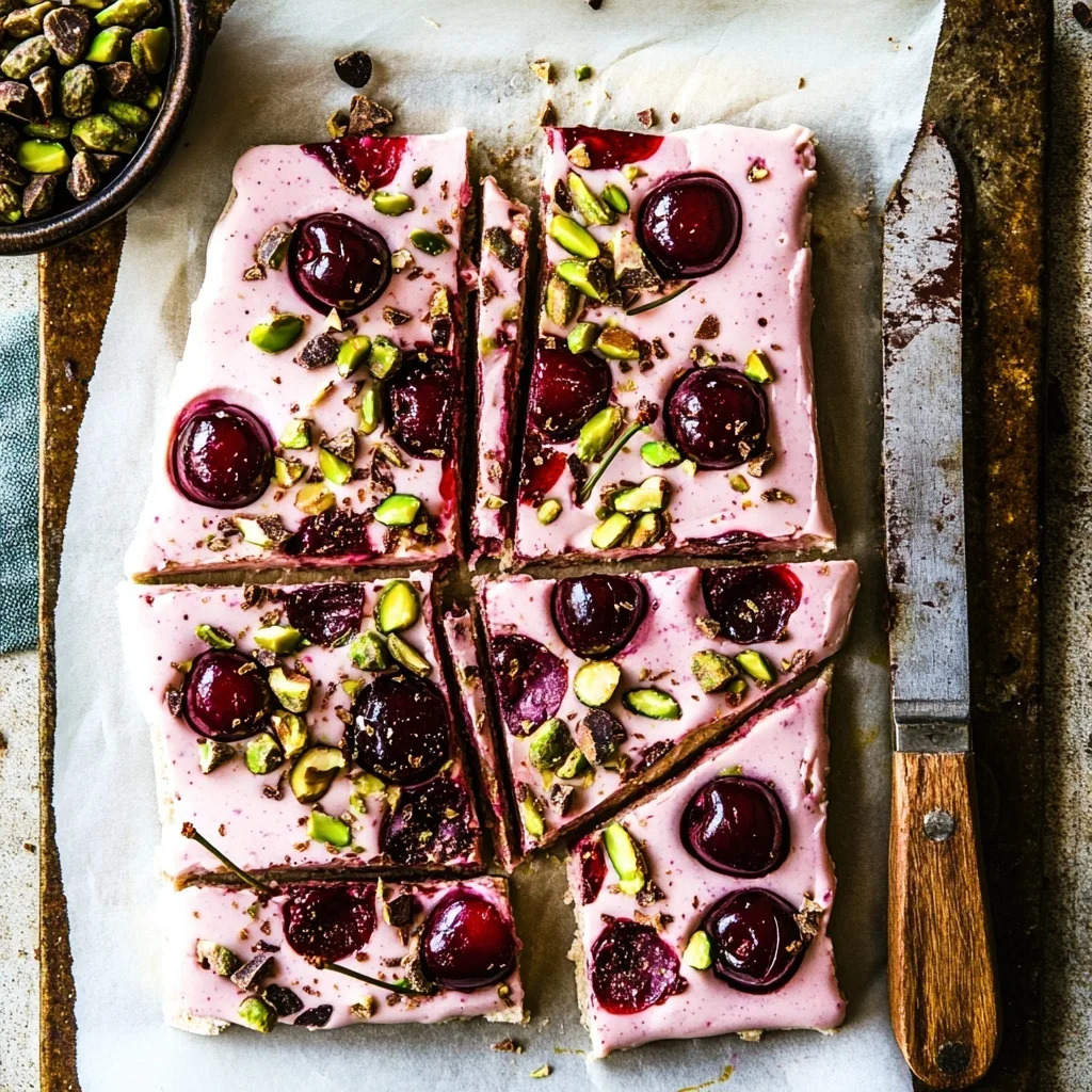 Cherry Pistachio Chocolate Yogurt Protein Bark: A High-Protein Summer Delight Cherry Pistachio Chocolate Yogurt Protein Bark Cherry pistachio yogurt protein bark with pink yogurt base sliced on parchment paper
