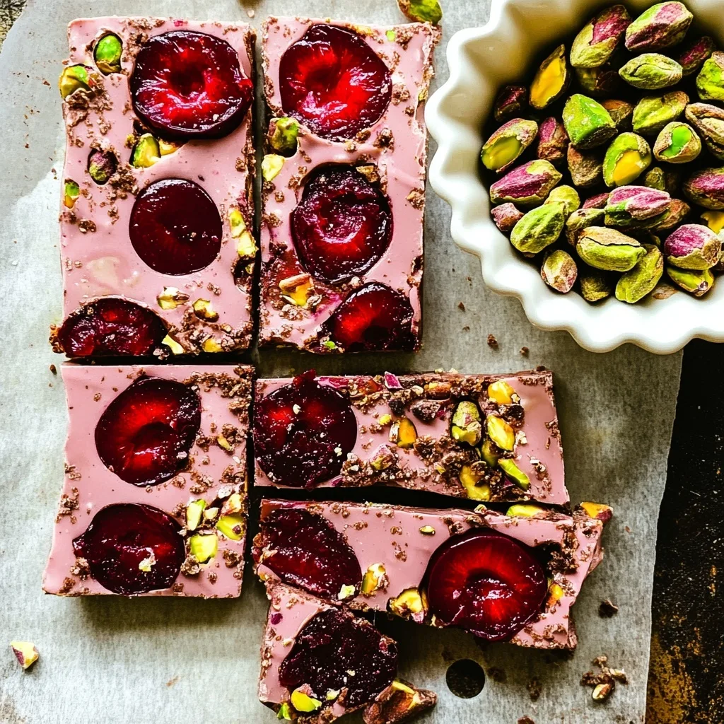 Cherry Pistachio Chocolate Yogurt Protein Bark: A High-Protein Summer Delight Cherry Pistachio Chocolate Yogurt Protein Bark Cherry pistachio yogurt protein bark sliced with fresh cherries and a bowl of pistachios