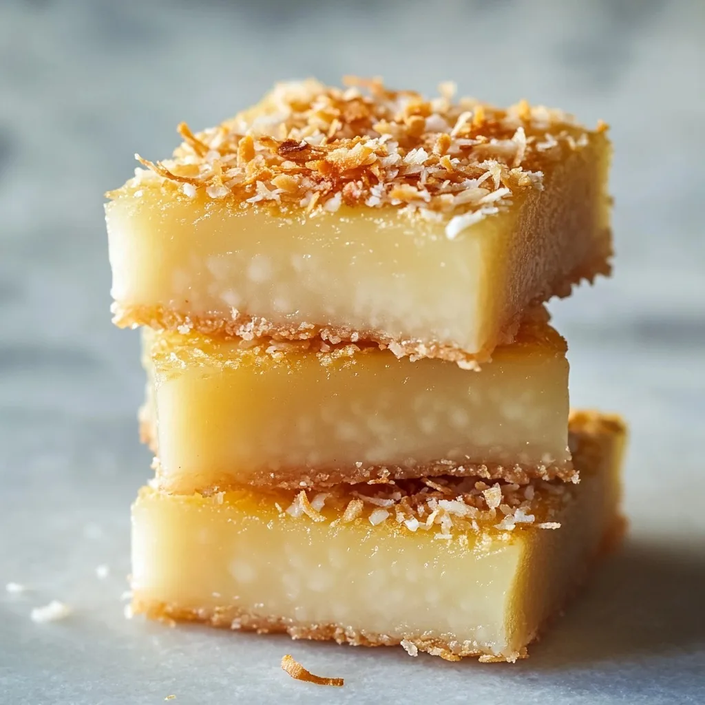Butter Mochi Hawaii – A Chewy Island Classic You’ll Love Butter Mochi Hawaii stacked butter mochi hawaii bars with toasted coconut on marble